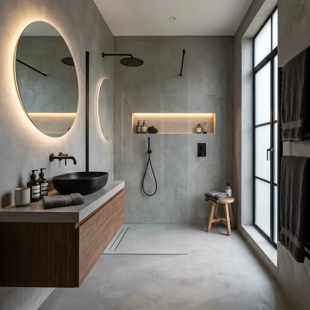 Reforma de baño premium con microcemento gris en paredes y suelo
