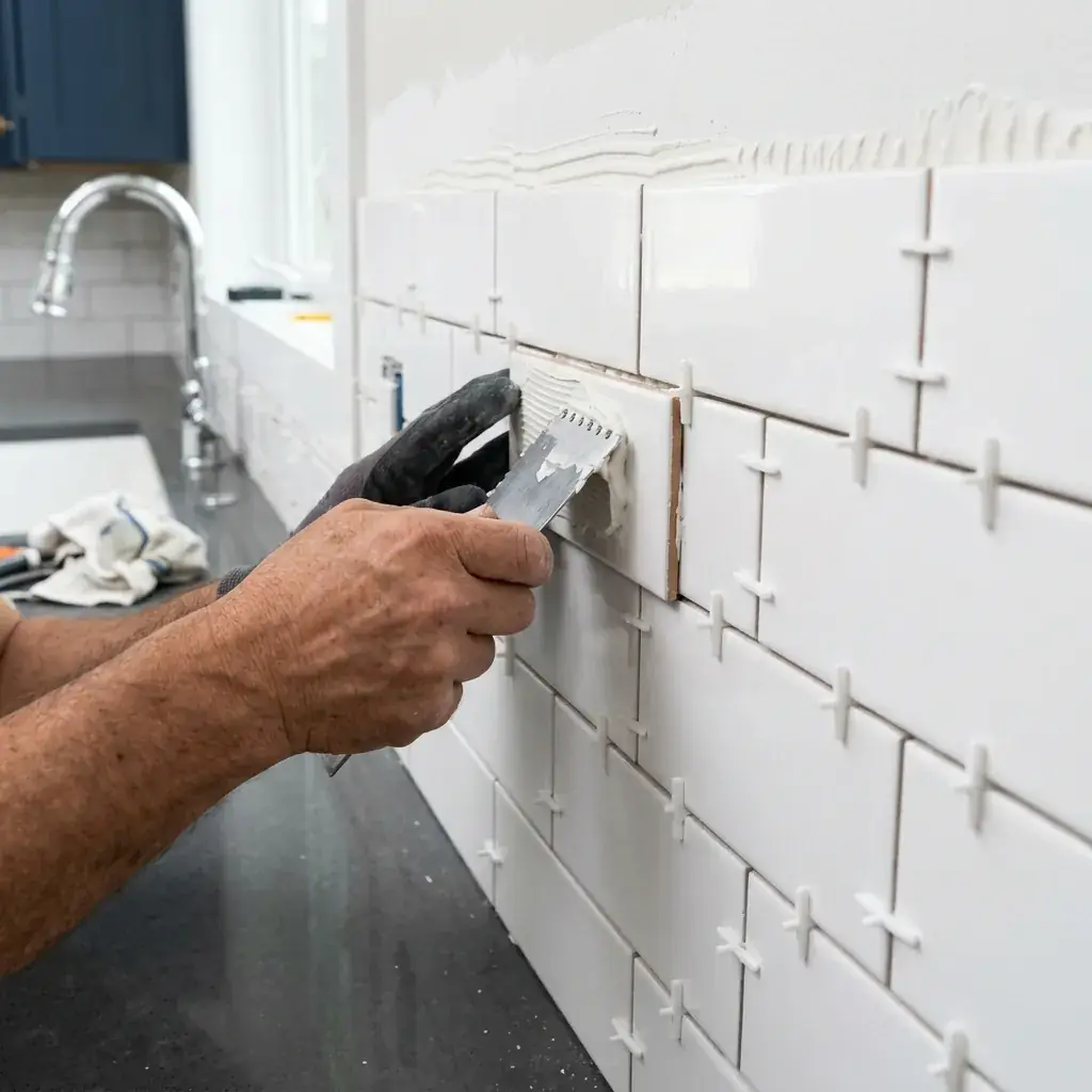 Cocina alicatada con azulejo metro blanco y lechada epoxi en San Juan del Puerto